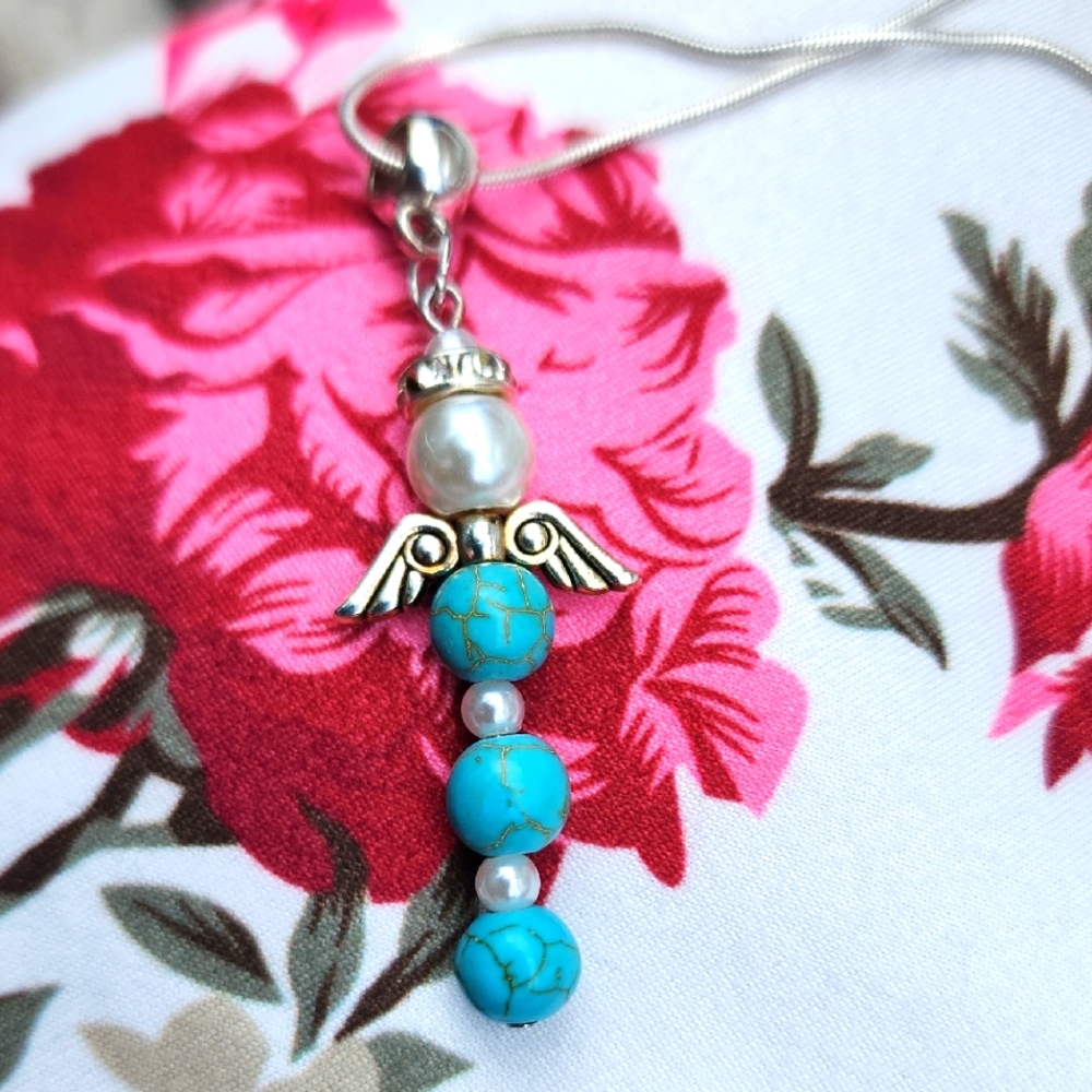 Turquoise and Silver Angel Pendant Necklace